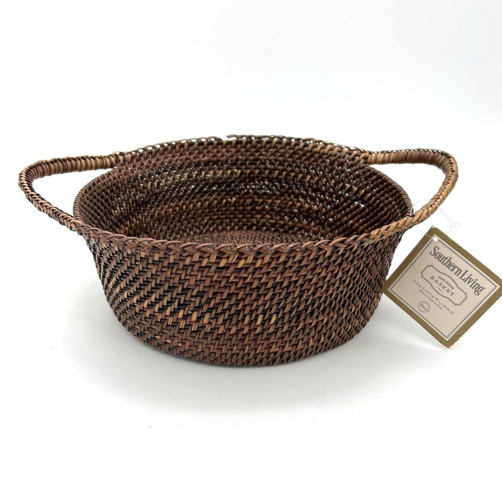 Southern Living Hand Woven Basket Round With Handles Brown 11.5" New With Tags